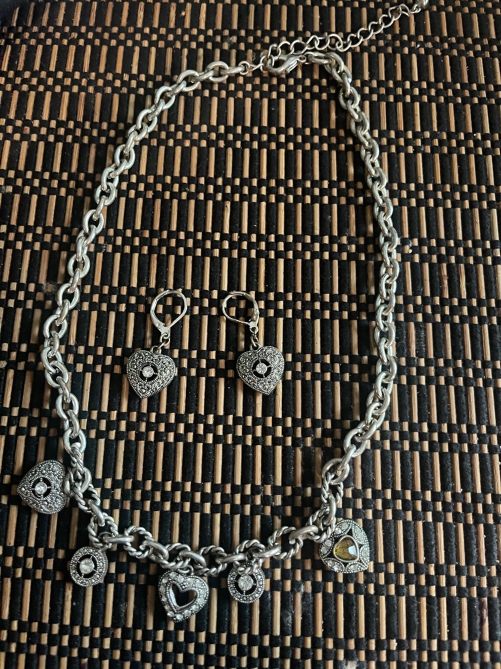 Silver Heart Charm Necklace and Earrings Set - Silver